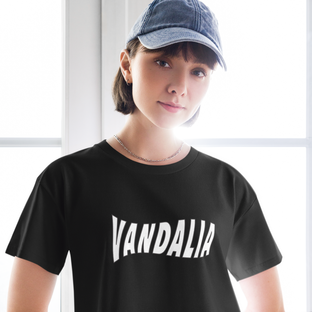 Person wearing a black t-shirt with 'VANDALIA' text and a blue cap indoors.